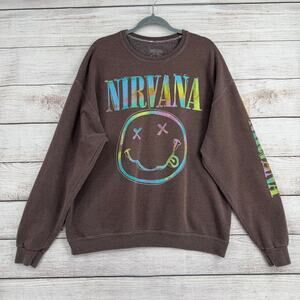 Nirvana Nevermind Smiley Face Crewneck Sweatshirt Womens Large Oversized Brown